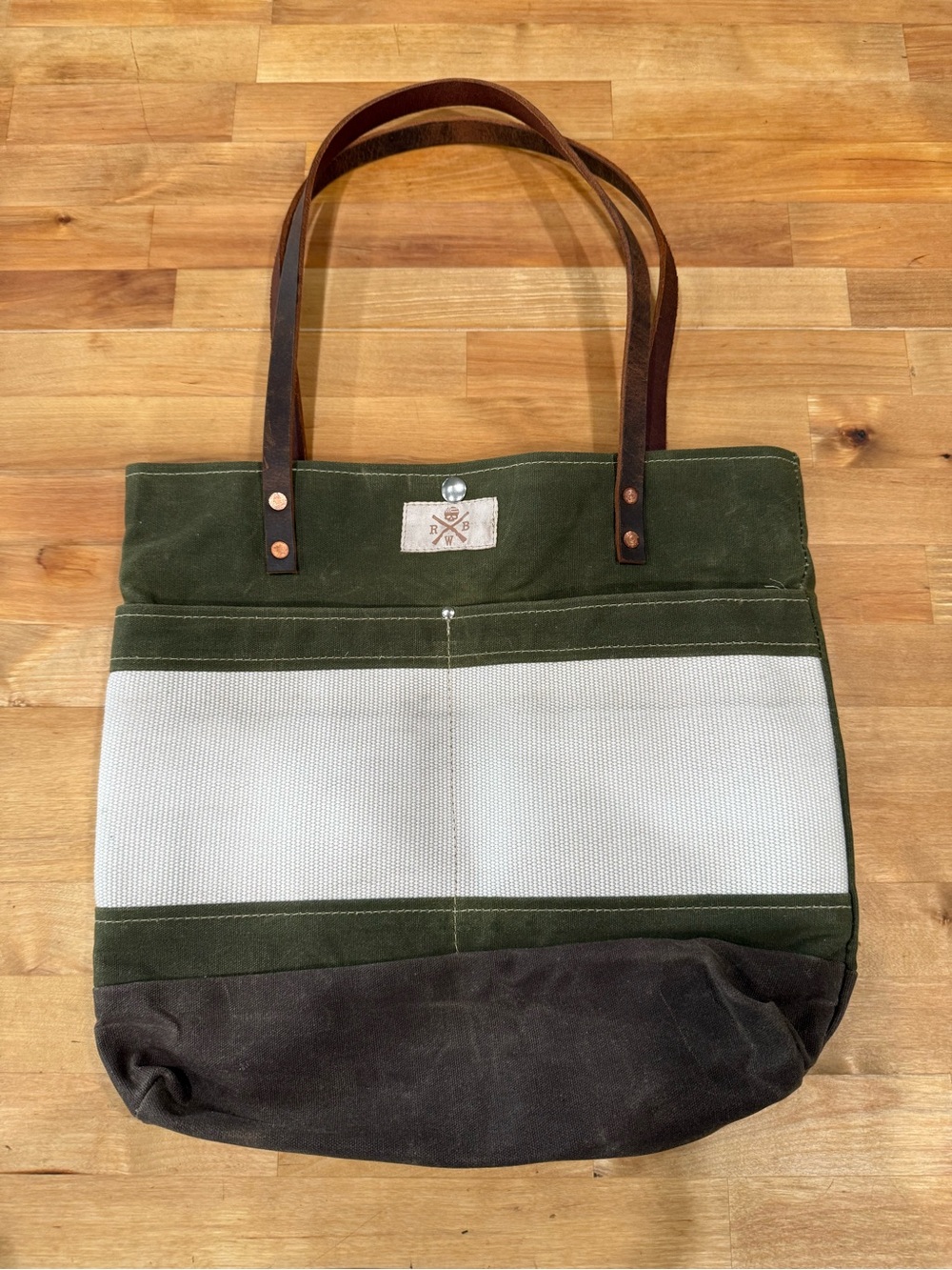 Canvas Tote with Leather Straps in Olive Green, Cream & Dark Brown - Picture 1 of 8